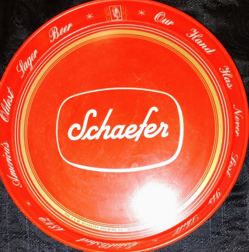 VINTAGE SCHAEFER BEER TRAY!  12” RED & WHITE METAL SERVING TRAY!